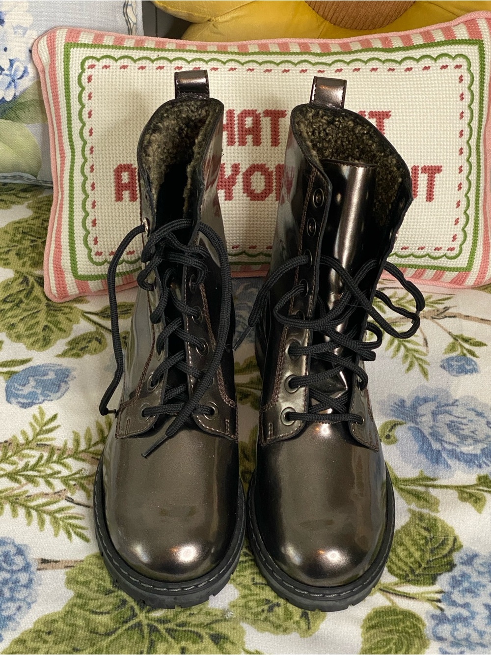 Stuart Weitzman Womens Lace-Up Shiny Metallic Brown Combat Boots